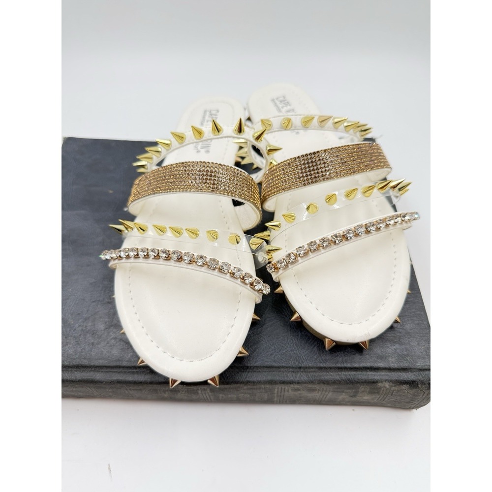 Cape Robbin Studded Xtreme Sandal Slides, Size 7,White/Gold Punk Gothic Spike,‎
